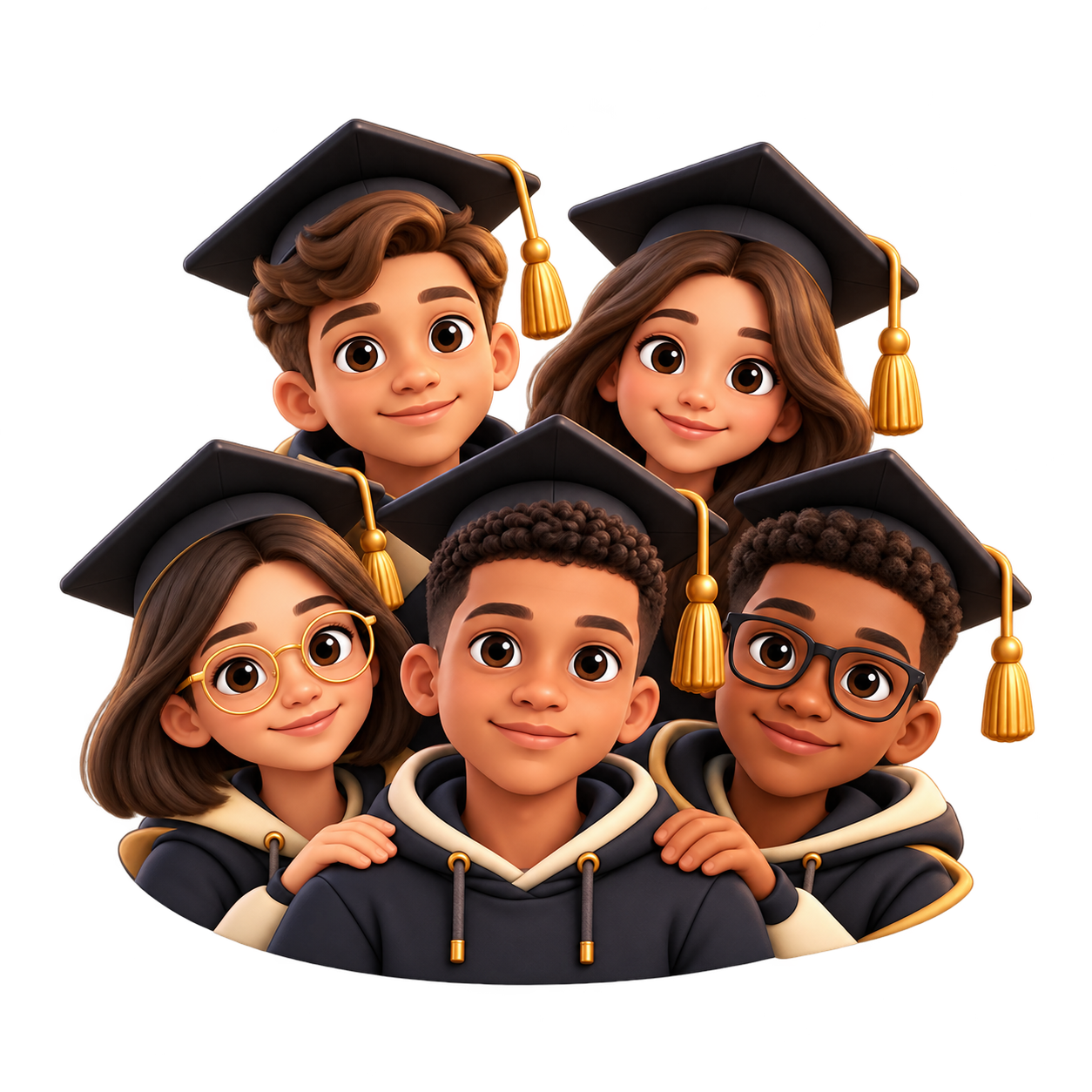 Ilustração de cinco estudantes juntos, com capelos de formatura